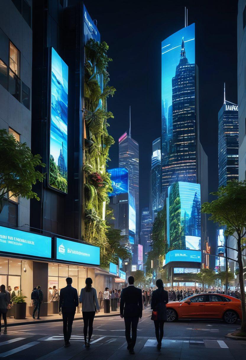 A futuristic city skyline with digital billboards showcasing insurance services, a diverse group of people using mobile devices for coverage inquiries, holographic displays illustrating policy details, a blend of technology and modern architecture, lush greenery integrated into the urban landscape. cyberpunk. vibrant colors. super-realistic.
