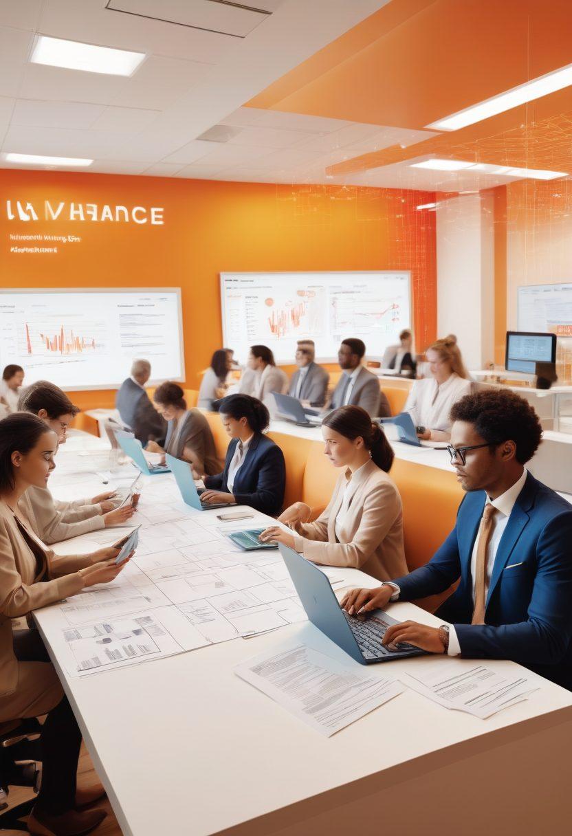 A dynamic split scene showcasing the evolution of insurance services: on one side, a traditional insurance office with papers, calculators, and face-to-face consultations; on the other, a futuristic digital platform with diverse people using smartphones and laptops, showcasing innovation and connectivity. Illustrate digital tools such as apps, chatbots, and graphs symbolizing data analysis. The image should have a warm color palette, blending both worlds harmoniously. super-realistic. vibrant colors. white background.