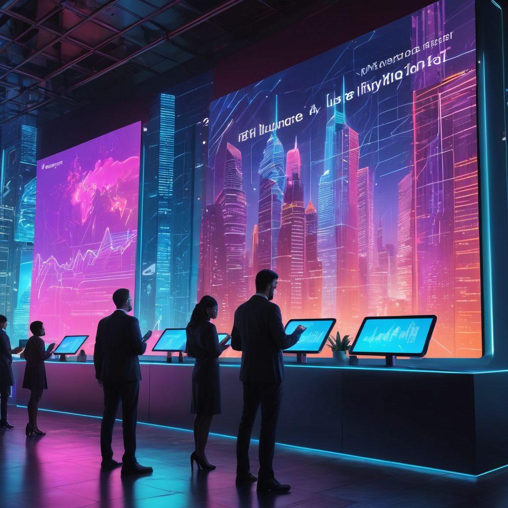 A futuristic city skyline at dusk, featuring digital billboards displaying e-insurance concepts and risk management visuals. A diverse group of professionals engaged in discussion with digital tablets in hand, analyzing graphs and data streams in the foreground. The atmosphere is dynamic and innovative, representing the merging of technology and insurance. glowing neon accents. cyberpunk. vibrant colors. 3D.